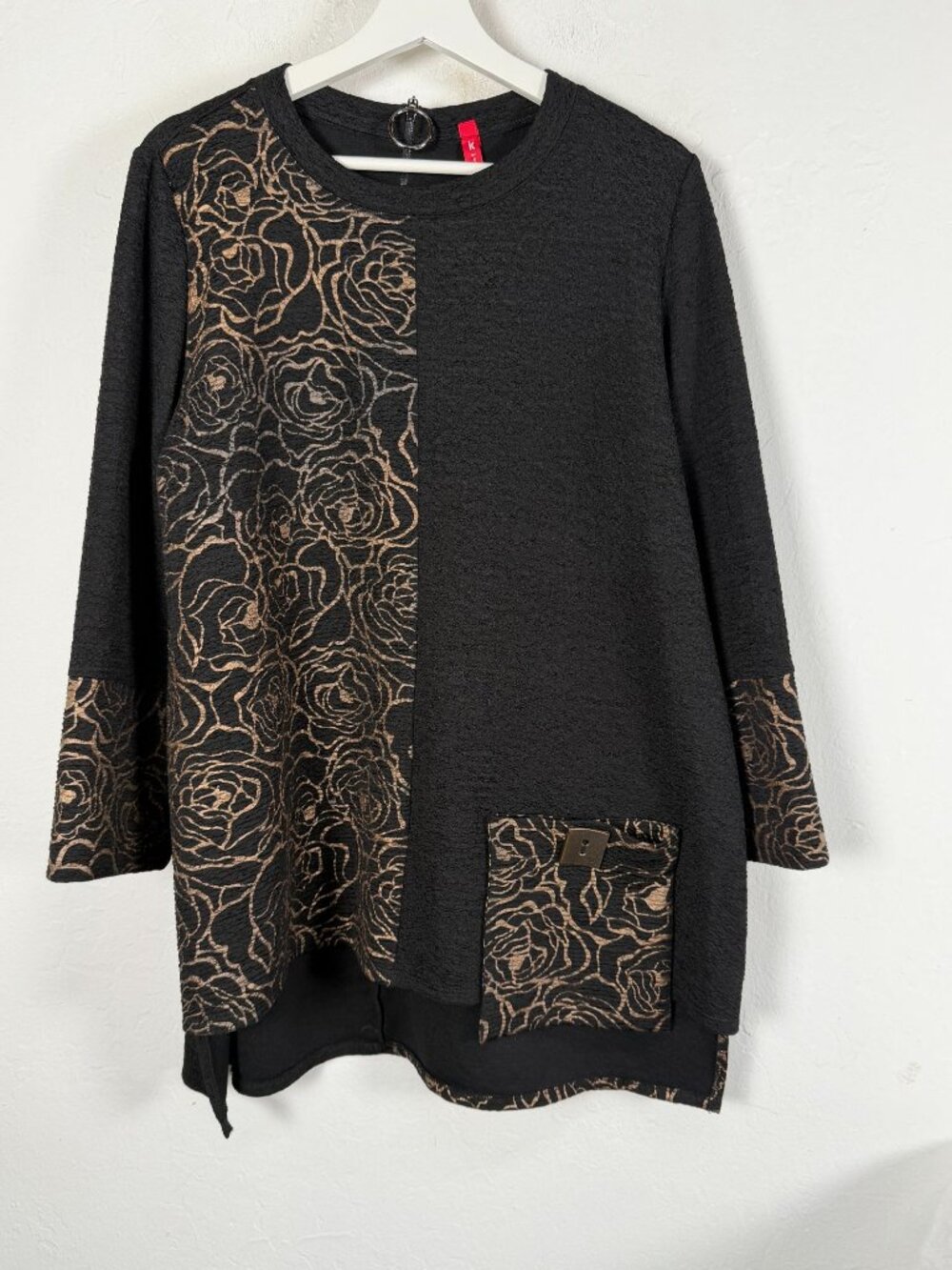 IC by Connie Womens Black Floral Textured Tunic Top with Pocket XL Art To Wear